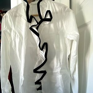 Rayure Paris Women's White Black Trim Ruffled Long Sleeve Blouse Size 42/ US 8